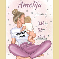 Personalizuota Vaiko Gimimo Metrikų Iliustracija Super Mama, Mergaitės gimimo metrika, plakatas su rėmeliu  Poster -  dovanokis.lt