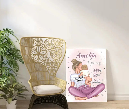 Personalizuota Vaiko Gimimo Metrikų Iliustracija ant drobės, Super Mama, Mergaitės gimimo metrika  Drobe -  dovanokis.lt
