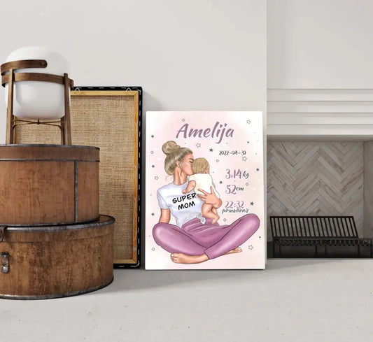 Personalizuota Vaiko Gimimo Metrikų Iliustracija ant drobės, Super Mama, Mergaitės gimimo metrika  Drobe -  dovanokis.lt