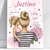 Personalizuota Vaiko Gimimo Metrikų Iliustracija Mylimiausia mama blondine, Mergaitės gimimo metrika, plakatas su rėmeliu  Poster -  dovanokis.lt