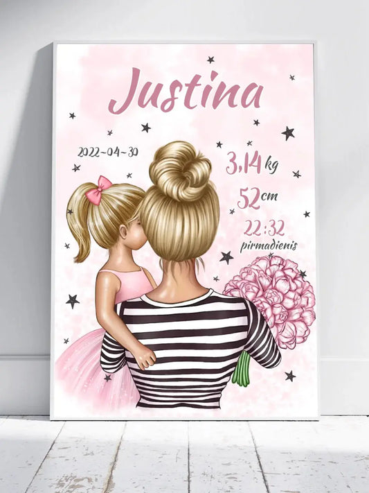 Personalizuota Vaiko Gimimo Metrikų Iliustracija Mylimiausia mama blondine, Mergaitės gimimo metrika, plakatas su rėmeliu  Poster -  dovanokis.lt