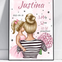 Personalizuota Vaiko Gimimo Metrikų Iliustracija Mylimiausia mama blondine, Mergaitės gimimo metrika, plakatas su rėmeliu  Poster -  dovanokis.lt