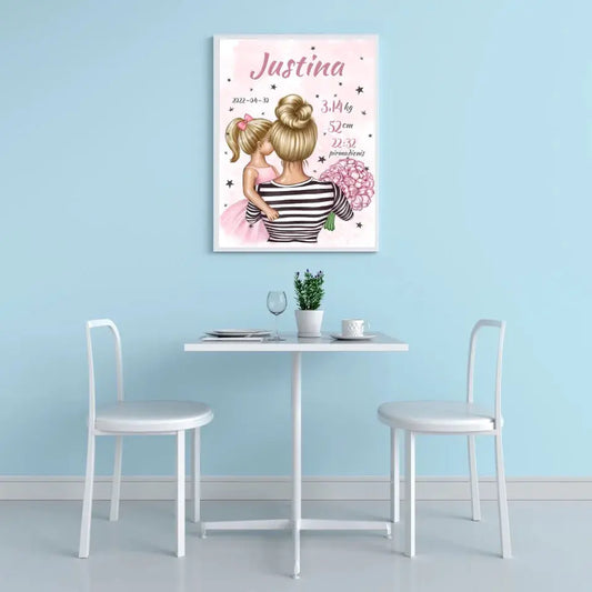 Personalizuota Vaiko Gimimo Metrikų Iliustracija Mylimiausia mama blondine, Mergaitės gimimo metrika, plakatas su rėmeliu  Poster -  dovanokis.lt