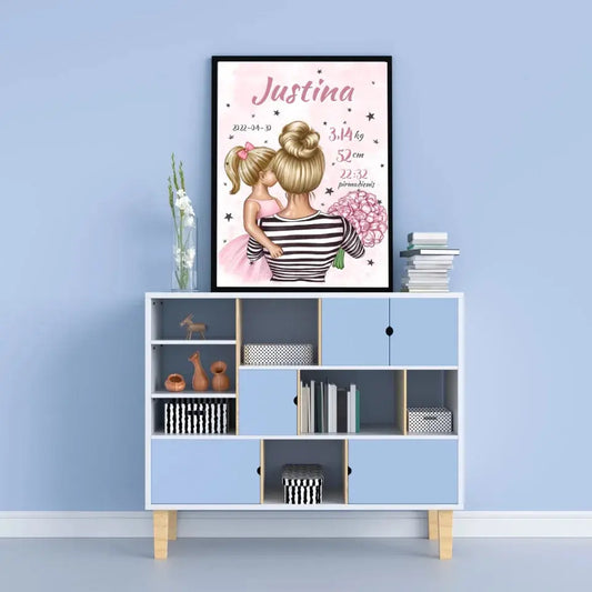 Personalizuota Vaiko Gimimo Metrikų Iliustracija Mylimiausia mama blondine, Mergaitės gimimo metrika, plakatas su rėmeliu  Poster -  dovanokis.lt