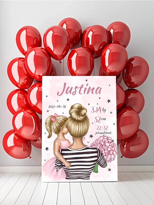 Personalizuota Vaiko Gimimo Metrikų Iliustracija ant drobės, Mylimiausia mama blondine, Mergaitės gimimo metrika  Drobe -  dovanokis.lt