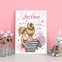 Personalizuota Vaiko Gimimo Metrikų Iliustracija Mylimiausia mama blondine, Mergaitės gimimo metrika, plakatas su rėmeliu  Poster -  dovanokis.lt