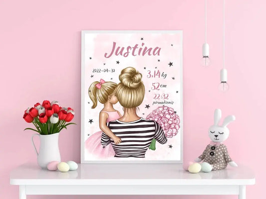 Personalizuota Vaiko Gimimo Metrikų Iliustracija Mylimiausia mama blondine, Mergaitės gimimo metrika, plakatas su rėmeliu  Poster -  dovanokis.lt