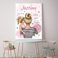 Personalizuota Vaiko Gimimo Metrikų Iliustracija Mylimiausia mama blondine, Mergaitės gimimo metrika, plakatas su rėmeliu  Poster -  dovanokis.lt