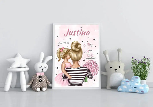 Personalizuota Vaiko Gimimo Metrikų Iliustracija Mylimiausia mama blondine, Mergaitės gimimo metrika, plakatas su rėmeliu  Poster -  dovanokis.lt