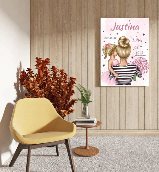 Personalizuota Vaiko Gimimo Metrikų Iliustracija ant drobės, Mylimiausia mama blondine, Mergaitės gimimo metrika  Drobe -  dovanokis.lt