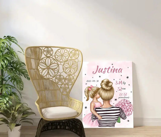 Personalizuota Vaiko Gimimo Metrikų Iliustracija ant drobės, Mylimiausia mama blondine, Mergaitės gimimo metrika  Drobe -  dovanokis.lt