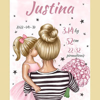 Personalizuota Vaiko Gimimo Metrikų Iliustracija Mylimiausia mama blondine, Mergaitės gimimo metrika, plakatas su rėmeliu  Poster -  dovanokis.lt