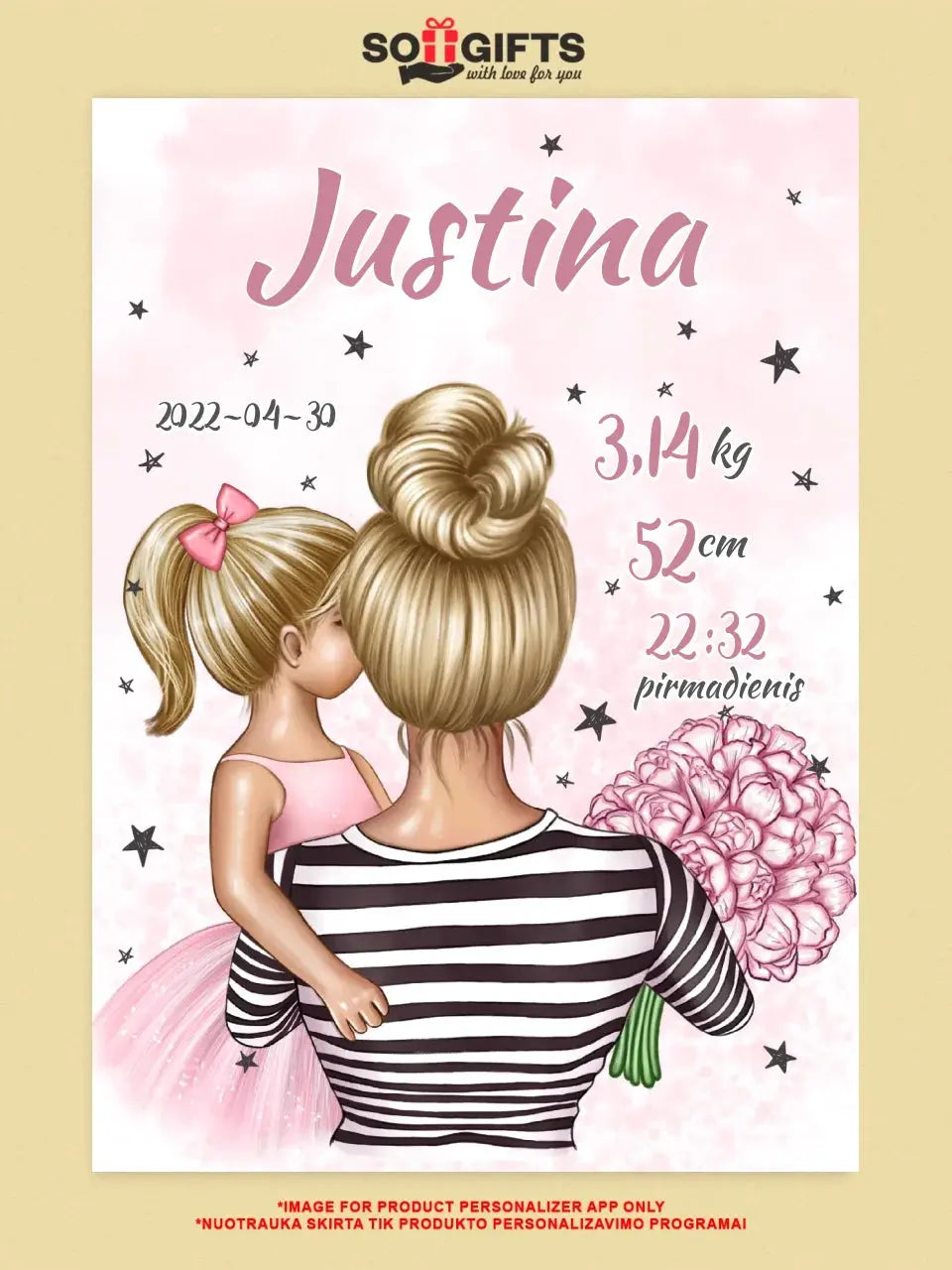 Personalizuota Vaiko Gimimo Metrikų Iliustracija Mylimiausia mama blondine, Mergaitės gimimo metrika, plakatas su rėmeliu  Poster -  dovanokis.lt