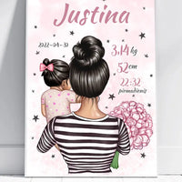 Personalizuota Vaiko Gimimo Metrikų Iliustracija Mylimiausia mama, Mergaitės gimimo metrika, plakatas su rėmeliu  Poster -  dovanokis.lt