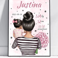 Personalizuota Vaiko Gimimo Metrikų Iliustracija Mylimiausia mama, Mergaitės gimimo metrika, plakatas su rėmeliu  Poster -  dovanokis.lt