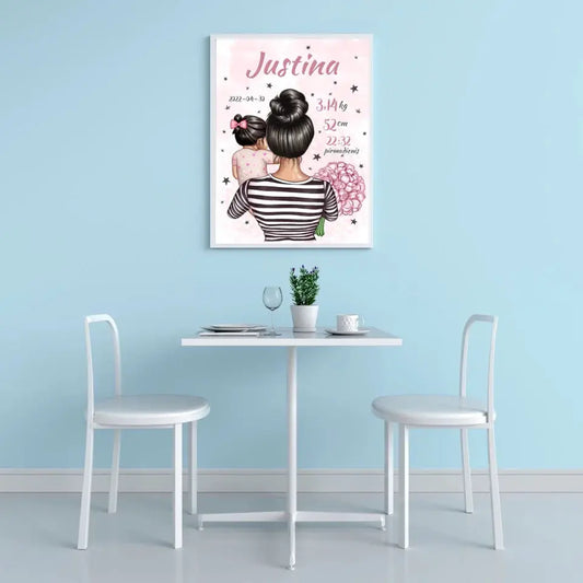 Personalizuota Vaiko Gimimo Metrikų Iliustracija Mylimiausia mama, Mergaitės gimimo metrika, plakatas su rėmeliu  Poster -  dovanokis.lt