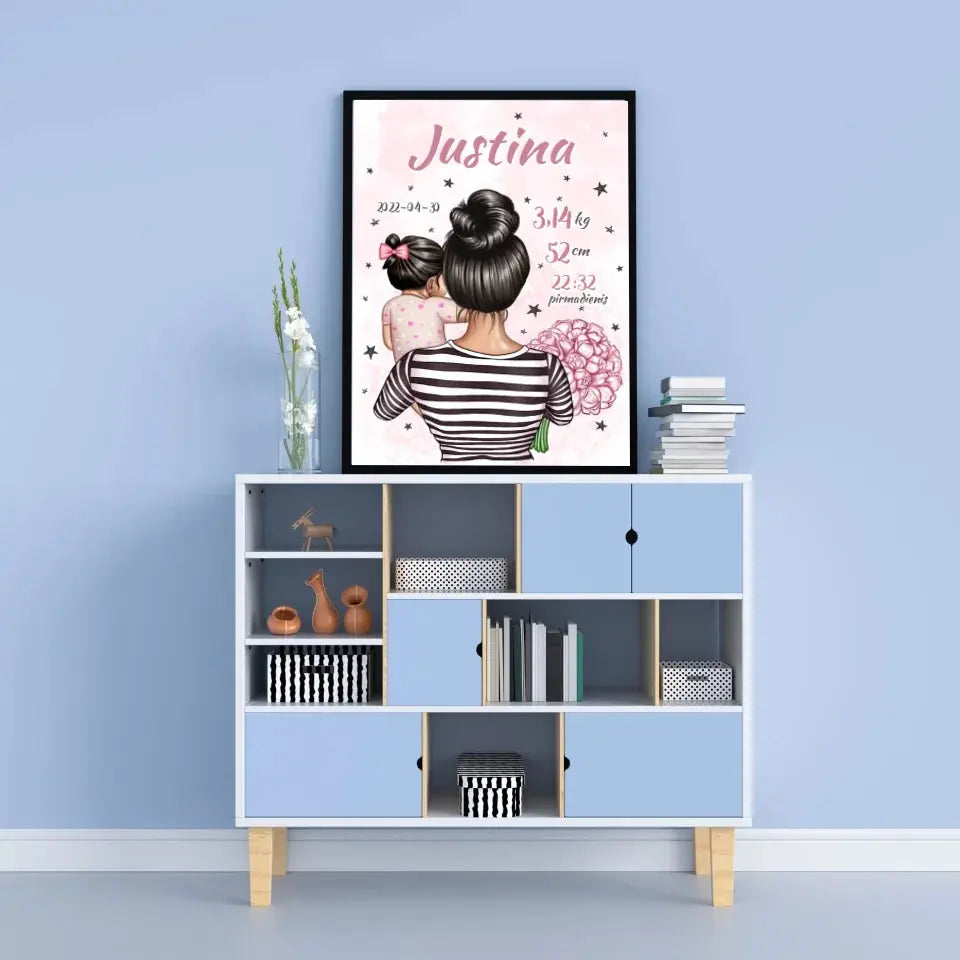 Personalizuota Vaiko Gimimo Metrikų Iliustracija Mylimiausia mama, Mergaitės gimimo metrika, plakatas su rėmeliu  Poster -  dovanokis.lt