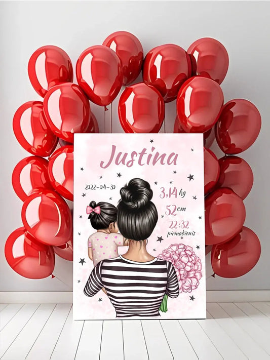 Personalizuota Vaiko Gimimo Metrikų Iliustracija ant drobės, Mylimiausia mama, Mergaitės gimimo metrika  Drobe -  dovanokis.lt