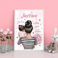 Personalizuota Vaiko Gimimo Metrikų Iliustracija Mylimiausia mama, Mergaitės gimimo metrika, plakatas su rėmeliu  Poster -  dovanokis.lt