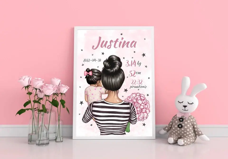 Personalizuota Vaiko Gimimo Metrikų Iliustracija Mylimiausia mama, Mergaitės gimimo metrika, plakatas su rėmeliu  Poster -  dovanokis.lt