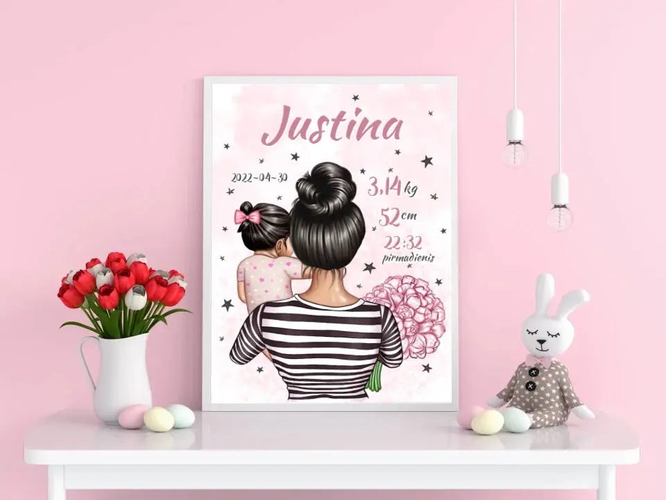 Personalizuota Vaiko Gimimo Metrikų Iliustracija Mylimiausia mama, Mergaitės gimimo metrika, plakatas su rėmeliu  Poster -  dovanokis.lt
