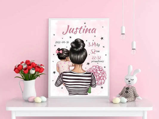Personalizuota Vaiko Gimimo Metrikų Iliustracija Mylimiausia mama, Mergaitės gimimo metrika, plakatas su rėmeliu  Poster -  dovanokis.lt
