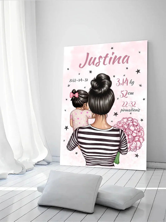 Personalizuota Vaiko Gimimo Metrikų Iliustracija ant drobės, Mylimiausia mama, Mergaitės gimimo metrika  Drobe -  dovanokis.lt