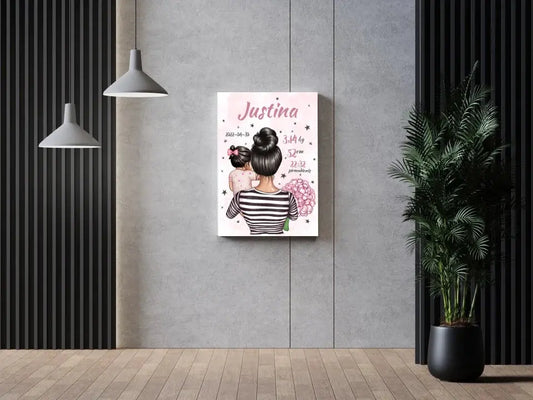 Personalizuota Vaiko Gimimo Metrikų Iliustracija ant drobės, Mylimiausia mama, Mergaitės gimimo metrika  Drobe -  dovanokis.lt