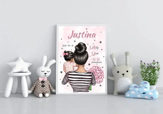 Personalizuota Vaiko Gimimo Metrikų Iliustracija Mylimiausia mama, Mergaitės gimimo metrika, plakatas su rėmeliu  Poster -  dovanokis.lt
