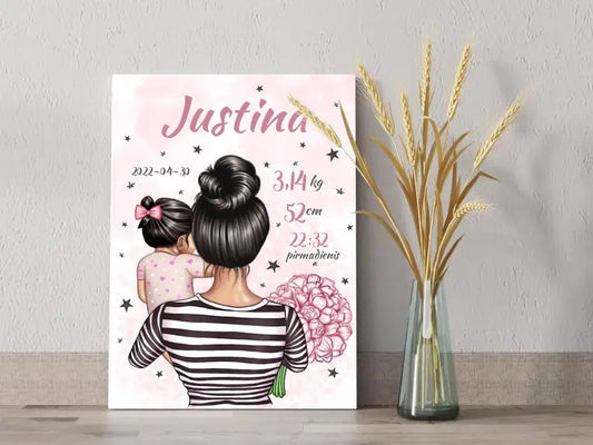 Personalizuota Vaiko Gimimo Metrikų Iliustracija ant drobės, Mylimiausia mama, Mergaitės gimimo metrika  Drobe -  dovanokis.lt