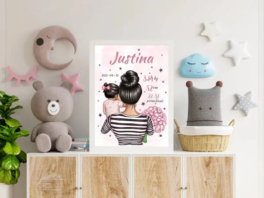 Personalizuota Vaiko Gimimo Metrikų Iliustracija Mylimiausia mama, Mergaitės gimimo metrika, plakatas su rėmeliu  Poster -  dovanokis.lt