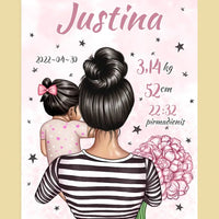 Personalizuota Vaiko Gimimo Metrikų Iliustracija Mylimiausia mama, Mergaitės gimimo metrika, plakatas su rėmeliu  Poster -  dovanokis.lt