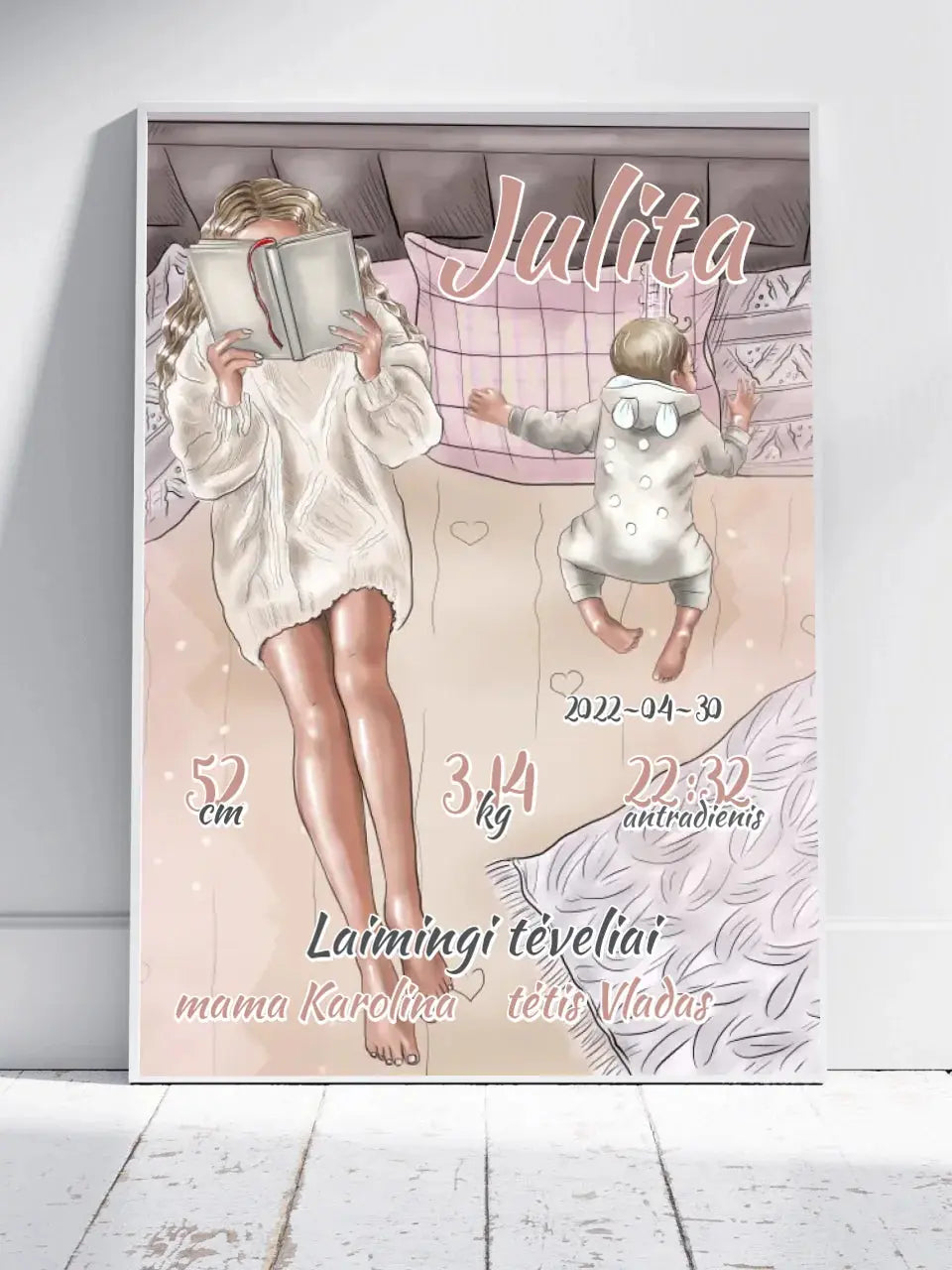 Personalizuota Vaiko Gimimo Metrikų Iliustracija, plakatas su rėmeliu  Poster -  dovanokis.lt