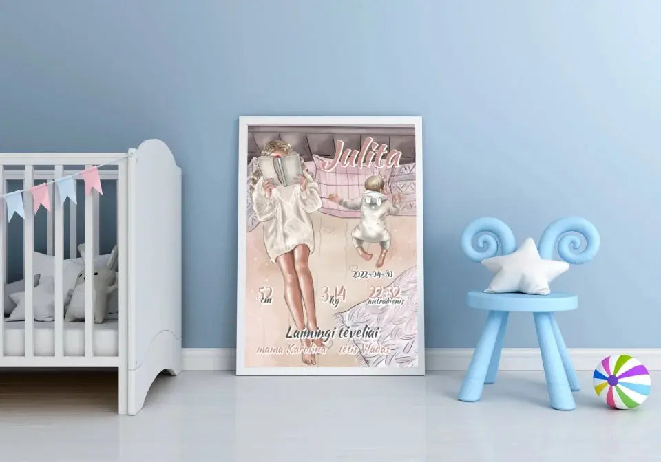 Personalizuota Vaiko Gimimo Metrikų Iliustracija, plakatas su rėmeliu  Poster -  dovanokis.lt