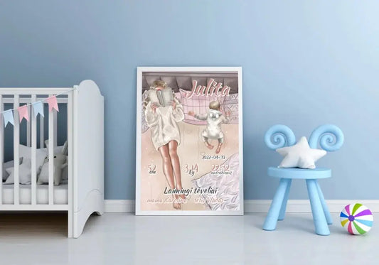 Personalizuota Vaiko Gimimo Metrikų Iliustracija, plakatas su rėmeliu  Poster -  dovanokis.lt