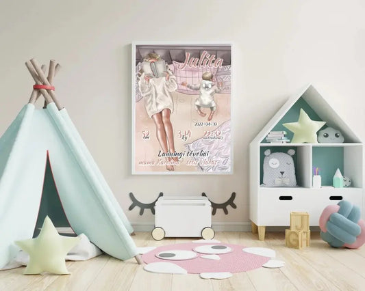 Personalizuota Vaiko Gimimo Metrikų Iliustracija, plakatas su rėmeliu  Poster -  dovanokis.lt