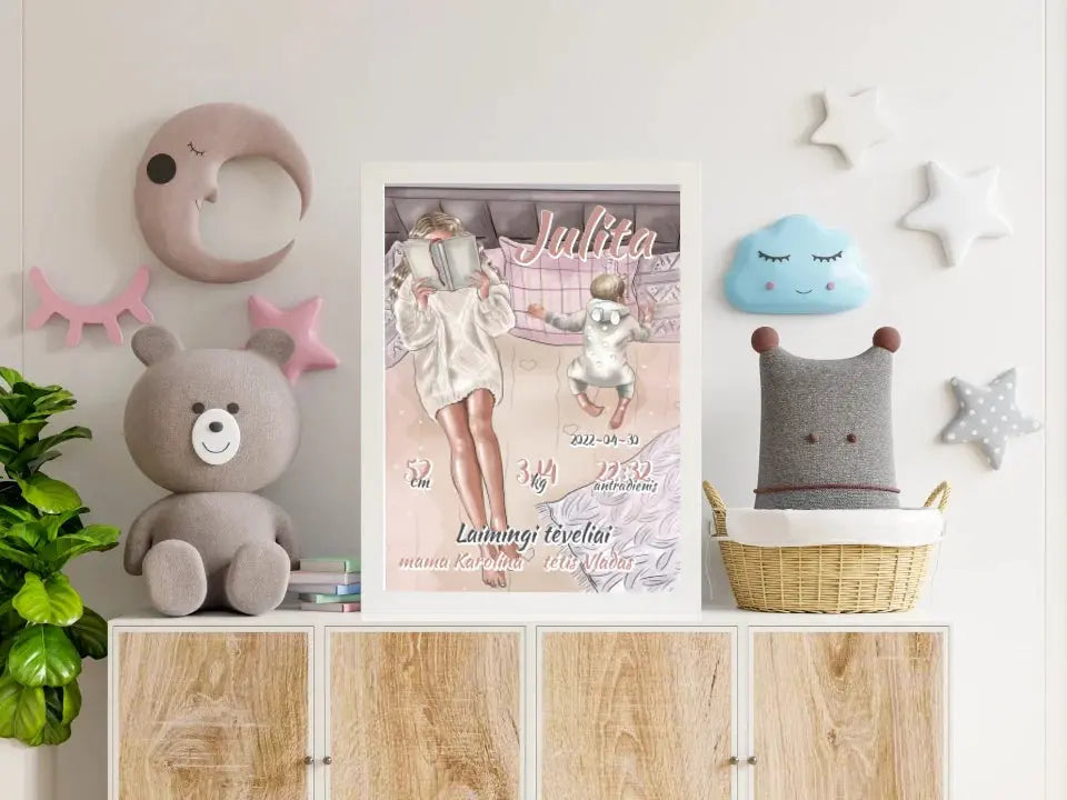 Personalizuota Vaiko Gimimo Metrikų Iliustracija, plakatas su rėmeliu  Poster -  dovanokis.lt