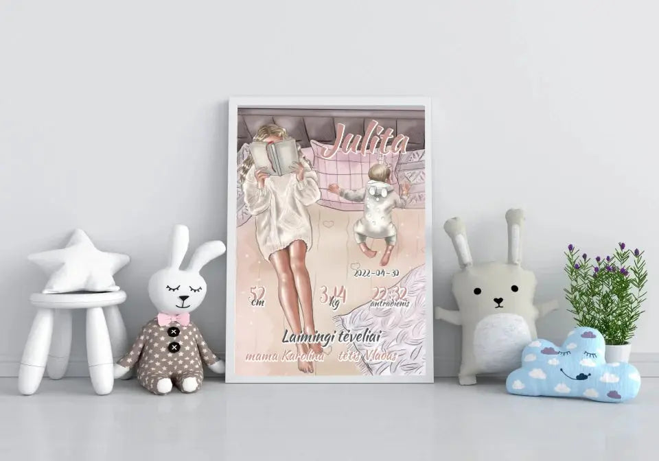 Personalizuota Vaiko Gimimo Metrikų Iliustracija, plakatas su rėmeliu  Poster -  dovanokis.lt