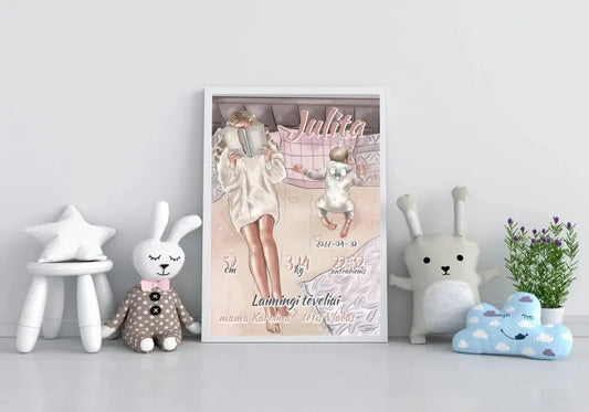 Personalizuota Vaiko Gimimo Metrikų Iliustracija, plakatas su rėmeliu  Poster -  dovanokis.lt
