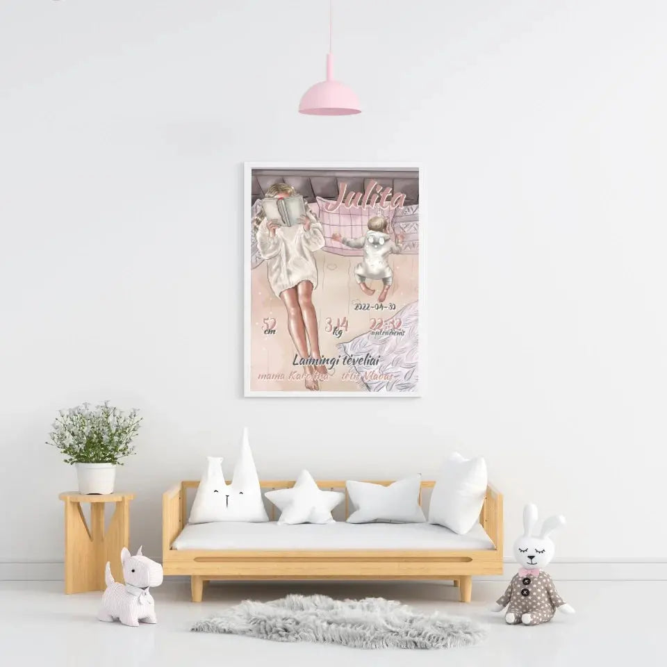 Personalizuota Vaiko Gimimo Metrikų Iliustracija, plakatas su rėmeliu  Poster -  dovanokis.lt