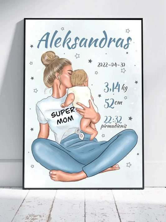 Personalizuota Vaiko Gimimo Metrikų Iliustracija Super Mama, Berniuko gimimo metrika, plakatas su rėmeliu  Poster -  dovanokis.lt