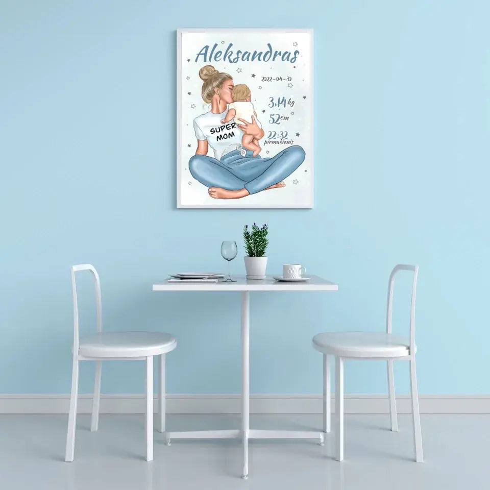 Personalizuota Vaiko Gimimo Metrikų Iliustracija Super Mama, Berniuko gimimo metrika, plakatas su rėmeliu  Poster -  dovanokis.lt