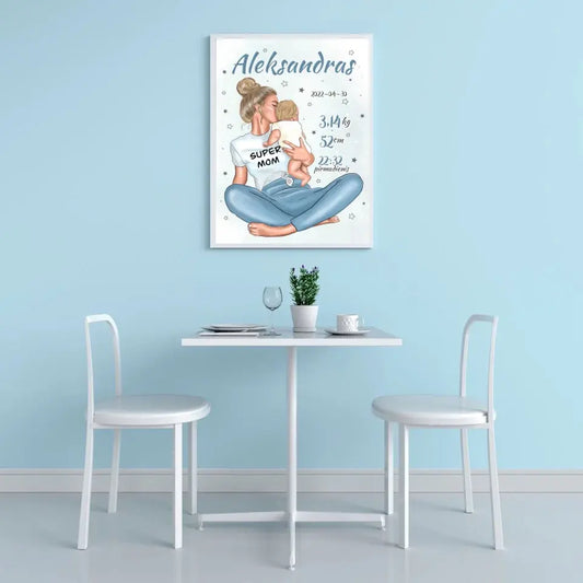 Personalizuota Vaiko Gimimo Metrikų Iliustracija Super Mama, Berniuko gimimo metrika, plakatas su rėmeliu  Poster -  dovanokis.lt