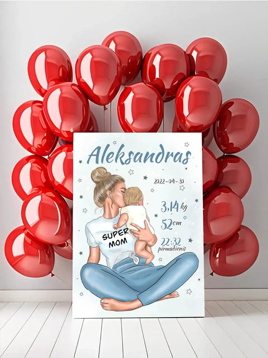 Personalizuota Vaiko Gimimo Metrikų Iliustracija ant drobės, Super Mama, Berniuko gimimo metrika  Drobe -  dovanokis.lt