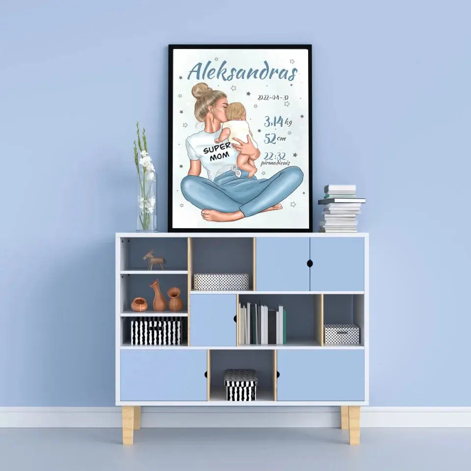 Personalizuota Vaiko Gimimo Metrikų Iliustracija Super Mama, Berniuko gimimo metrika, plakatas su rėmeliu  Poster -  dovanokis.lt