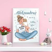 Personalizuota Vaiko Gimimo Metrikų Iliustracija Super Mama, Berniuko gimimo metrika, plakatas su rėmeliu  Poster -  dovanokis.lt