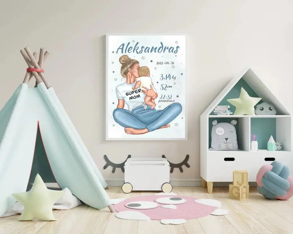 Personalizuota Vaiko Gimimo Metrikų Iliustracija Super Mama, Berniuko gimimo metrika, plakatas su rėmeliu  Poster -  dovanokis.lt