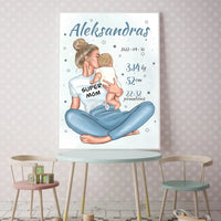 Personalizuota Vaiko Gimimo Metrikų Iliustracija Super Mama, Berniuko gimimo metrika, plakatas su rėmeliu  Poster -  dovanokis.lt