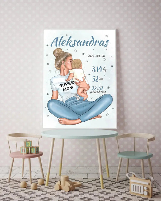 Personalizuota Vaiko Gimimo Metrikų Iliustracija Super Mama, Berniuko gimimo metrika, plakatas su rėmeliu  Poster -  dovanokis.lt