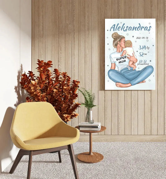 Personalizuota Vaiko Gimimo Metrikų Iliustracija ant drobės, Super Mama, Berniuko gimimo metrika  Drobe -  dovanokis.lt